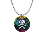 Rainbow Plaid Skull 1  Button Necklace