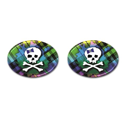 Rainbow Plaid Skull Cufflinks (Oval) from ArtsNow.com Front(Pair)