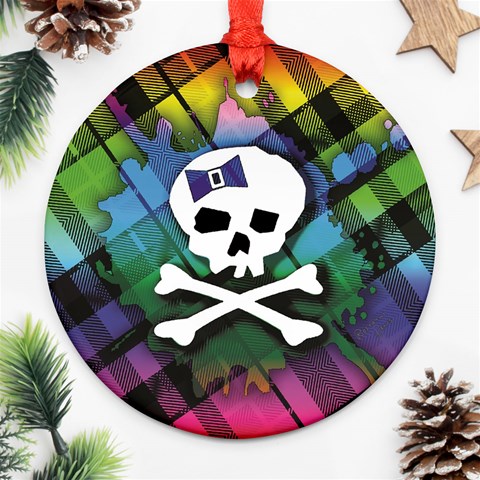 Rainbow Plaid Skull Round Ornament (Two Sides) from ArtsNow.com Back