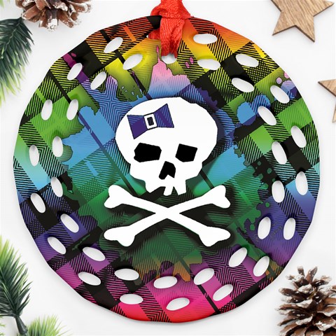 Rainbow Plaid Skull Ornament (Round Filigree) from ArtsNow.com Front