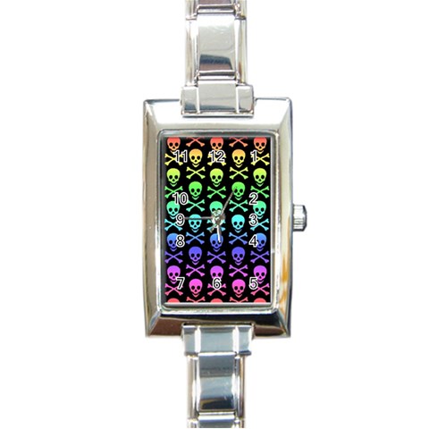 Rainbow Skull and Crossbones  Rectangle Italian Charm Watch from ArtsNow.com Front
