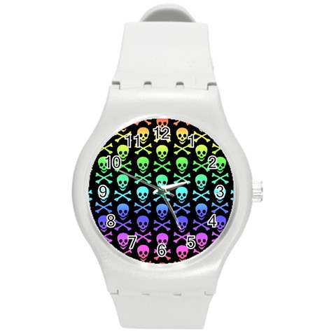 Rainbow Skull and Crossbones  Round Plastic Sport Watch (M) from ArtsNow.com Front