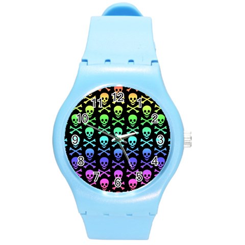 Rainbow Skull and Crossbones  Round Plastic Sport Watch (M) from ArtsNow.com Front