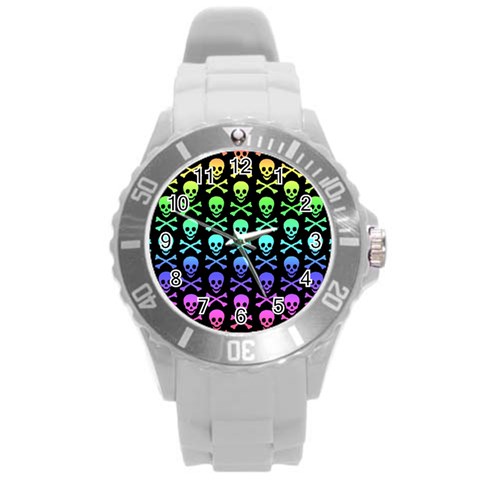 Rainbow Skull and Crossbones  Round Plastic Sport Watch (L) from ArtsNow.com Front
