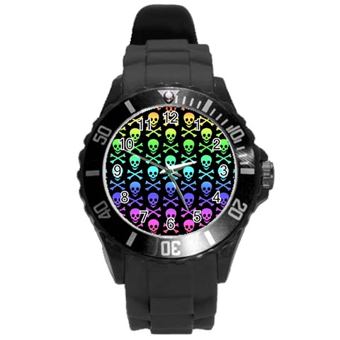 Rainbow Skull and Crossbones  Round Plastic Sport Watch (L) from ArtsNow.com Front
