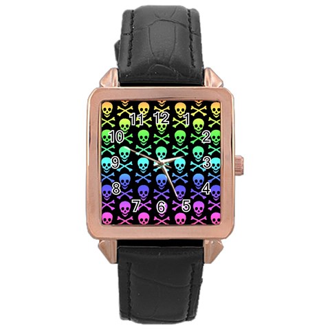 Rainbow Skull and Crossbones  Rose Gold Leather Watch  from ArtsNow.com Front
