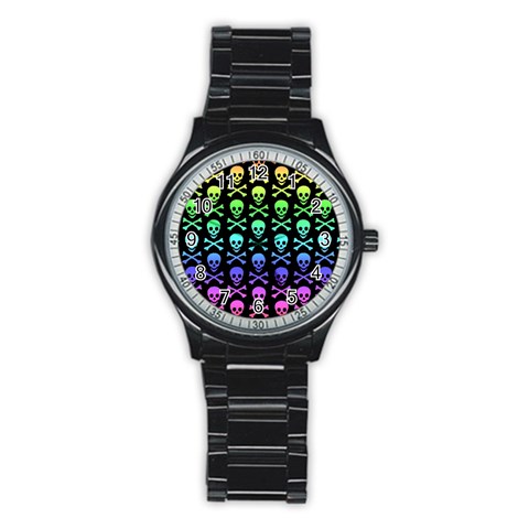 Rainbow Skull and Crossbones  Stainless Steel Round Watch from ArtsNow.com Front