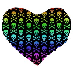 Rainbow Skull and Crossbones  Large 19  Premium Flano Heart Shape Cushion from ArtsNow.com Front