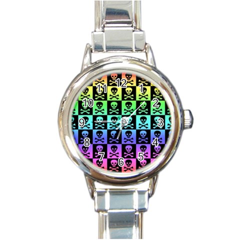 Rainbow Skull Checkerboard Round Italian Charm Watch from ArtsNow.com Front