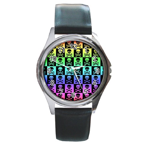 Rainbow Skull Checkerboard Round Metal Watch from ArtsNow.com Front
