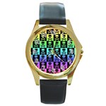Rainbow Skull Checkerboard Round Gold Metal Watch