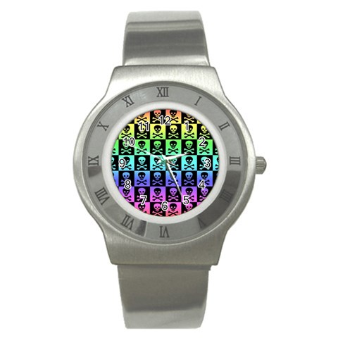 Rainbow Skull Checkerboard Stainless Steel Watch from ArtsNow.com Front