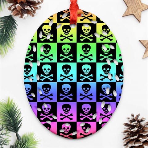 Rainbow Skull Checkerboard Ornament (Oval Filigree) from ArtsNow.com Front
