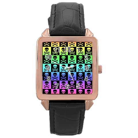 Rainbow Skull Checkerboard Rose Gold Leather Watch  from ArtsNow.com Front
