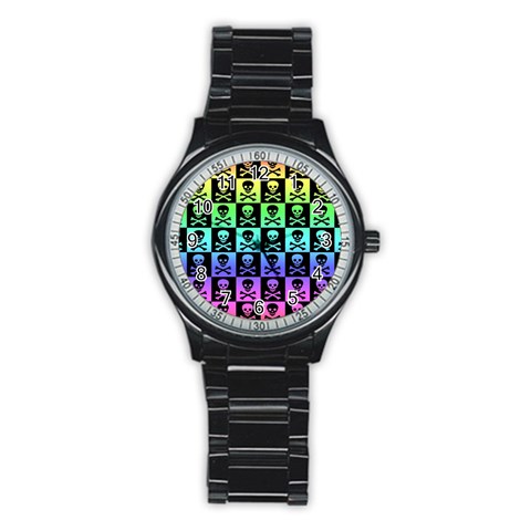 Rainbow Skull Checkerboard Stainless Steel Round Watch from ArtsNow.com Front