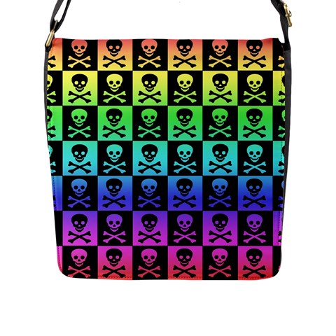 Rainbow Skull Checkerboard Flap Closure Messenger Bag (L) from ArtsNow.com Front