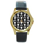 Skull and Crossbones Round Gold Metal Watch