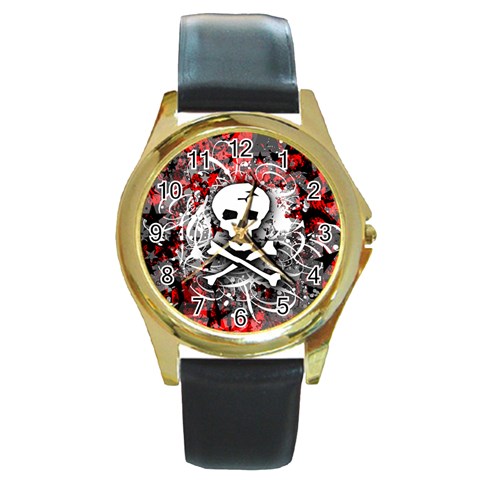 Skull Splatter Round Gold Metal Watch from ArtsNow.com Front
