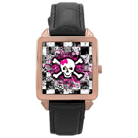 Splatter Girly Skull Rose Gold Leather Watch  from ArtsNow.com Front