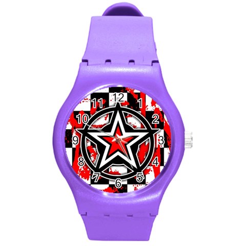 Star Checkerboard Splatter Round Plastic Sport Watch (M) from ArtsNow.com Front