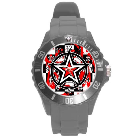 Star Checkerboard Splatter Round Plastic Sport Watch (L) from ArtsNow.com Front
