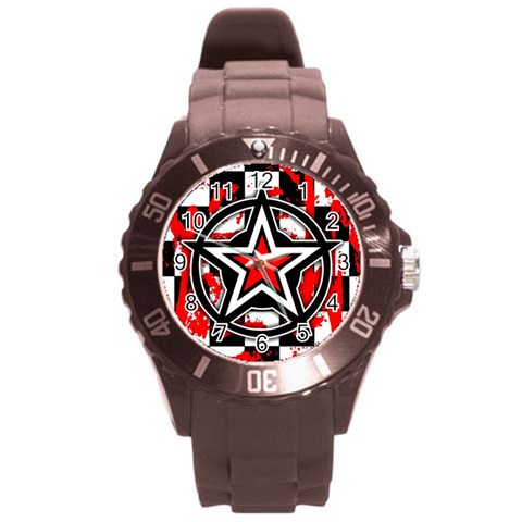 Star Checkerboard Splatter Round Plastic Sport Watch (L) from ArtsNow.com Front