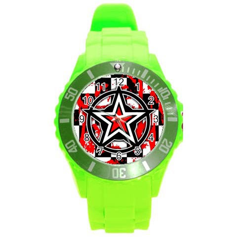 Star Checkerboard Splatter Round Plastic Sport Watch (L) from ArtsNow.com Front