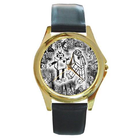 Robot Love Round Gold Metal Watch from ArtsNow.com Front
