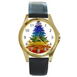 rainbow christmas tree Round Gold Metal Watch