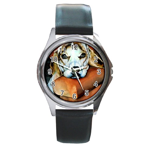 Lazy Lucy Beagle Round Metal Watch from ArtsNow.com Front