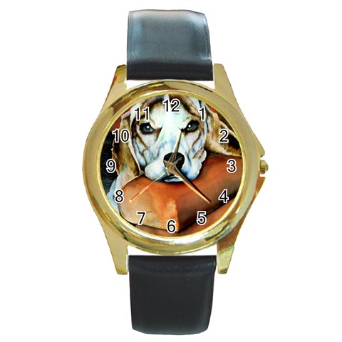 Lazy Lucy Beagle Round Gold Metal Watch from ArtsNow.com Front
