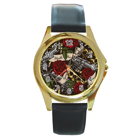 Seamless Vector Pattern Round Gold Metal Watch from ArtsNow.com Front