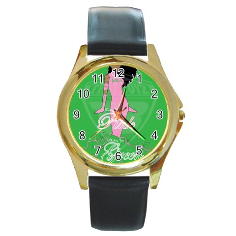 Pretty in Pink, Making You Green With Envy Round Gold Metal Watch from ArtsNow.com Front