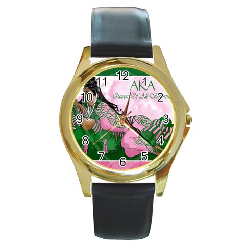 AKA Queen Of All Sororities Round Gold Metal Watch from ArtsNow.com Front