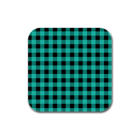 Turquoise Black Buffalo Plaid Rubber Square Coaster (4 pack)  from ArtsNow.com Front