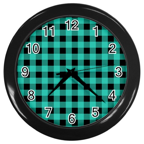 Turquoise Black Buffalo Plaid Wall Clock (Black) from ArtsNow.com Front