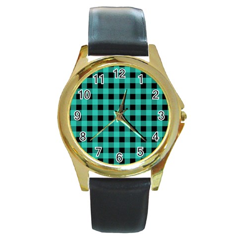 Turquoise Black Buffalo Plaid Round Gold Metal Watch from ArtsNow.com Front