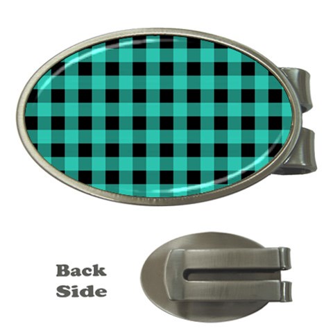 Turquoise Black Buffalo Plaid Money Clips (Oval)  from ArtsNow.com Front