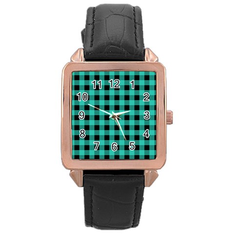Turquoise Black Buffalo Plaid Rose Gold Leather Watch  from ArtsNow.com Front