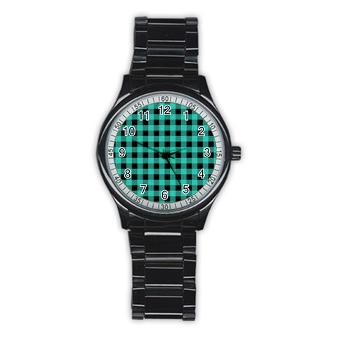 Turquoise Black Buffalo Plaid Stainless Steel Round Watch from ArtsNow.com Front