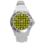 Yellow Black Buffalo Plaid Round Plastic Sport Watch (L)