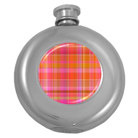 Pink Orange Madras Plaid Round Hip Flask (5 oz) from ArtsNow.com Front