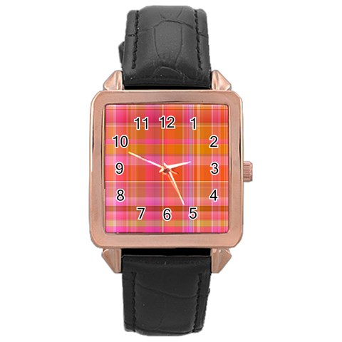 Pink Orange Madras Plaid Rose Gold Leather Watch  from ArtsNow.com Front