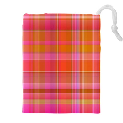 Pink Orange Madras Plaid Drawstring Pouch (5XL) from ArtsNow.com Front