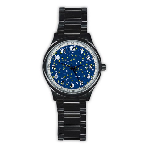 White Yellow Stars on Blue Color Stainless Steel Round Watch from ArtsNow.com Front