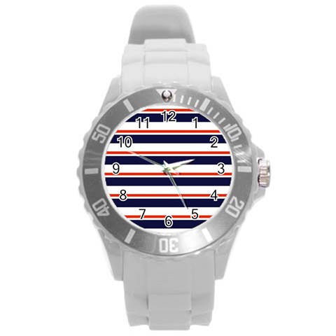 Red With Blue Stripes Round Plastic Sport Watch (L) from ArtsNow.com Front