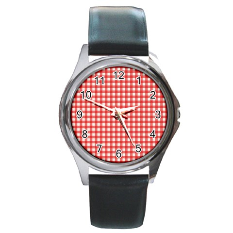 Red White Gingham Plaid Round Metal Watch from ArtsNow.com Front