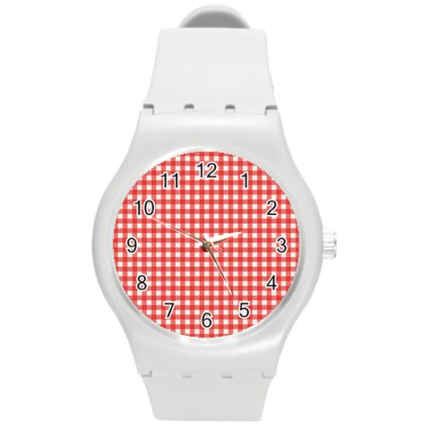 Red White Gingham Plaid Round Plastic Sport Watch (M) from ArtsNow.com Front