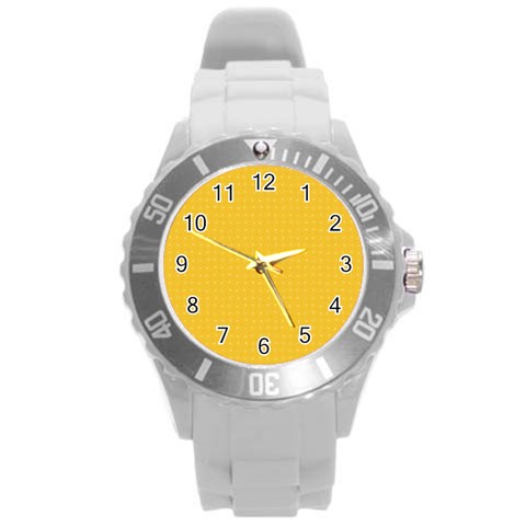 Saffron Yellow Color Polka Dots Round Plastic Sport Watch (L) from ArtsNow.com Front
