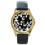 Black and White Jigsaw Puzzle Pattern Round Gold Metal Watch